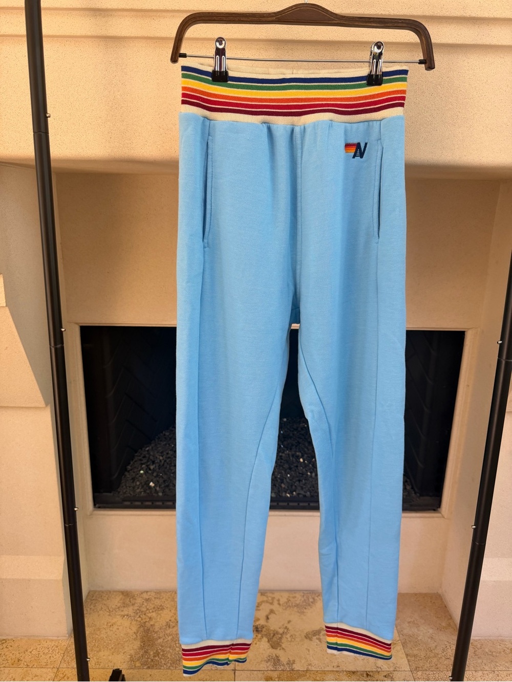 Aviator Nation Baby Blue and Rainbow Stripe Sweatpants